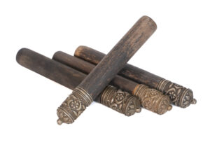 Set of Four Antique Wooden Gazyr Tubes with Ornate Metal Caps – Caucasus, Late 19th Century