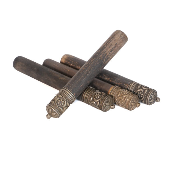 Set of Four Antique Wooden Gazyr Tubes with Ornate Metal Caps – Caucasus, Late 19th Century