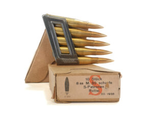 WWII German 8x56R M.30 Scharfe S-Patronen Rottw. Ammunition with Two Pre-Loaded En-Bloc Clips
