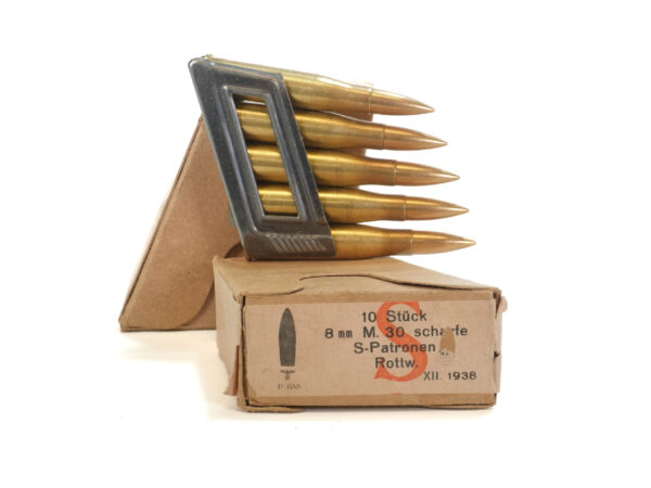 WWII German 8x56R M.30 Scharfe S-Patronen Rottw. Ammunition with Two Pre-Loaded En-Bloc Clips