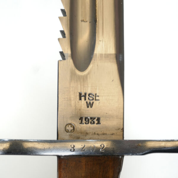 Swiss M1914 Sawback Bayonet “In the White” – HSt W 1931 Marked, Scabbard & Leather Frog
