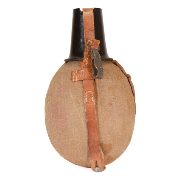 Authentic Late model WWII German M31 Canteen With wool sleeve, Leather harness, Bakelite cup, steel body.