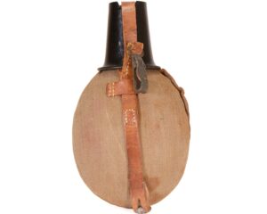 Authentic Late model WWII German M31 Canteen With wool sleeve, Leather harness, Bakelite cup, steel body.