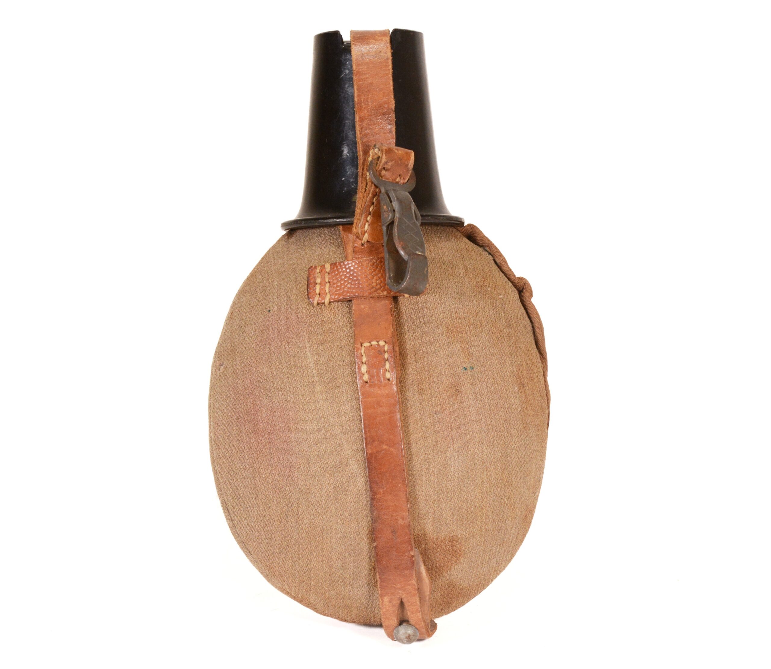 Authentic Late model WWII German M31 Canteen With wool sleeve, Leather harness, Bakelite cup, steel body.