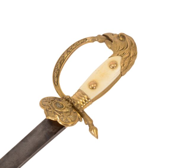Original German WWII Hirschfänger Forestry Dress Dagger – Bone Handle, Blued and Etched Blade, Eagle’s Head Pommel