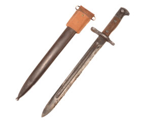 Authentic US 1898 Krag Bayonet dated 1900 with 1899 scabbard - frog modified with 1910 hook hanger