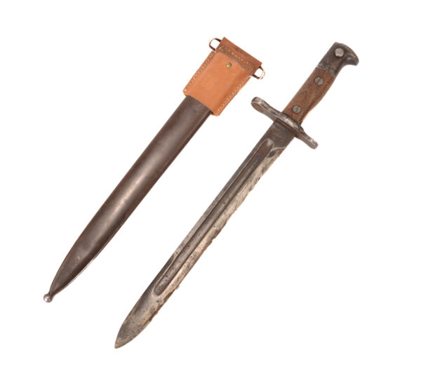 Authentic US 1898 Krag Bayonet dated 1900 with 1899 scabbard - frog modified with 1910 hook hanger