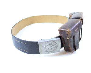 Original German WWII Police Preßstoff Belt with Pebbled Aluminum EM/NCO Buckle + WWII 1936 German K98 Mauser Ammo Pouch – Lagesa