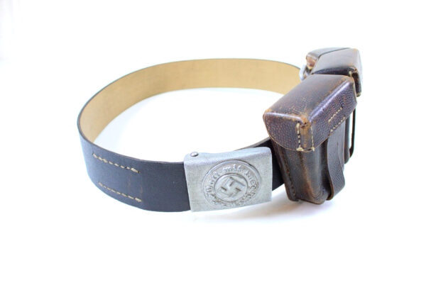 Original German WWII Police Preßstoff Belt with Pebbled Aluminum EM/NCO Buckle + WWII 1936 German K98 Mauser Ammo Pouch – Lagesa