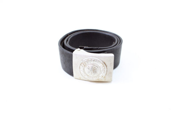 Original German WWII Army (Heer) EM/NCO Black Leather Belt with Pebbled Aluminum Dress Buckle – Stamped Heidelberg 1941