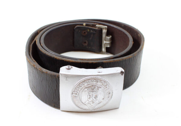 Original German WWII Hitler Youth Aluminum Belt Buckle & Leather Belt – RZM M4/17 Assmann