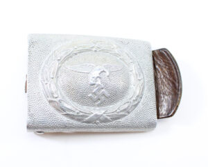 Original German WWII Pre-War First Model Luftwaffe Eagle Aluminum Buckle with Leather Tab by Dransfeld 1936