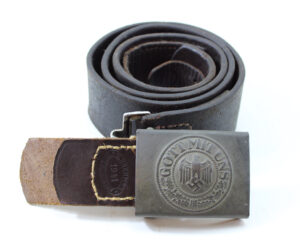 Original German WWII Heer EM/NCO Black Leather Belt with Steel Buckle – Belt Marked L. Kopping & Co Giessen 1942, Tab Marked G. Brehmer 1941