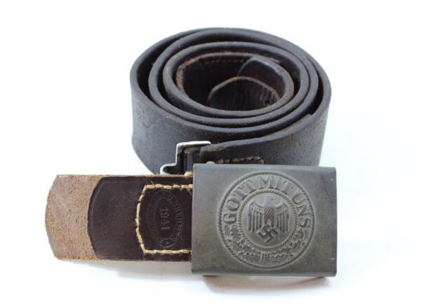 Original German WWII Heer EM/NCO Black Leather Belt with Steel Buckle – Belt Marked L. Kopping & Co Giessen 1942, Tab Marked G. Brehmer 1941