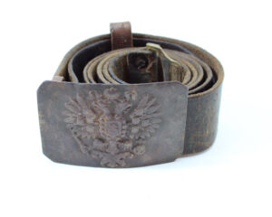 Original Imperial Russian WWI Belt Buckle with Double-Headed Eagle Crest and Leather Belt