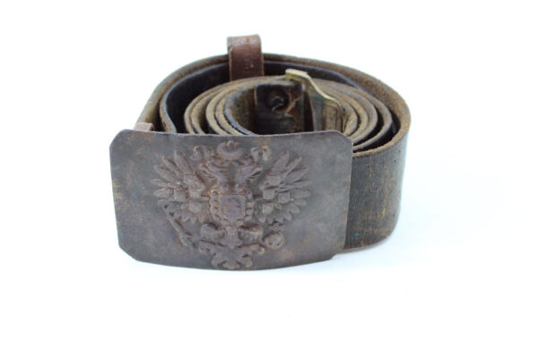 Original Imperial Russian WWI Belt Buckle with Double-Headed Eagle Crest and Leather Belt