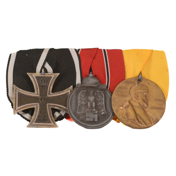 WWI and WWII combat veteran's 3 medal set mounted on ribbon bar -Iron Cross 2nd Class (EKII), Centenary Medal, Eastern Front Medal (Winterschlacht im Osten 1941/42)