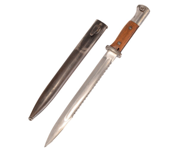 Original German WWI Seitengewehr M1884/98 II Sawback Bayonet – Crown-over-W Proofed, Fitted with WWII Scabbard