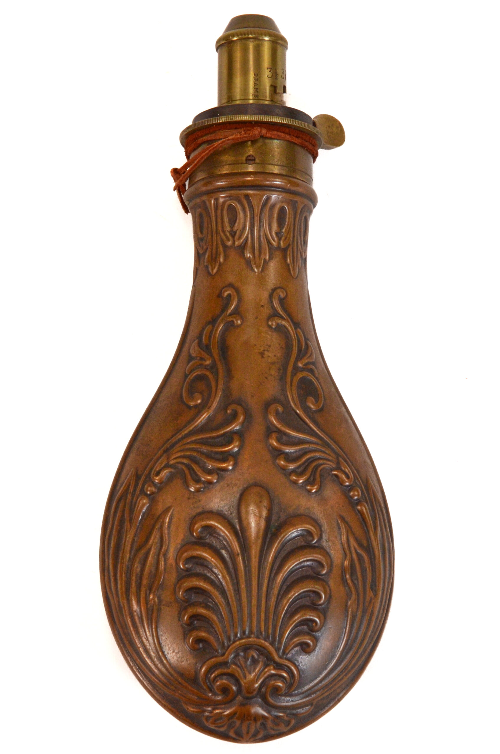 Original James Dixon & Sons Copper Powder Flask – Intricately Embossed with Brass Fittings - Image 2