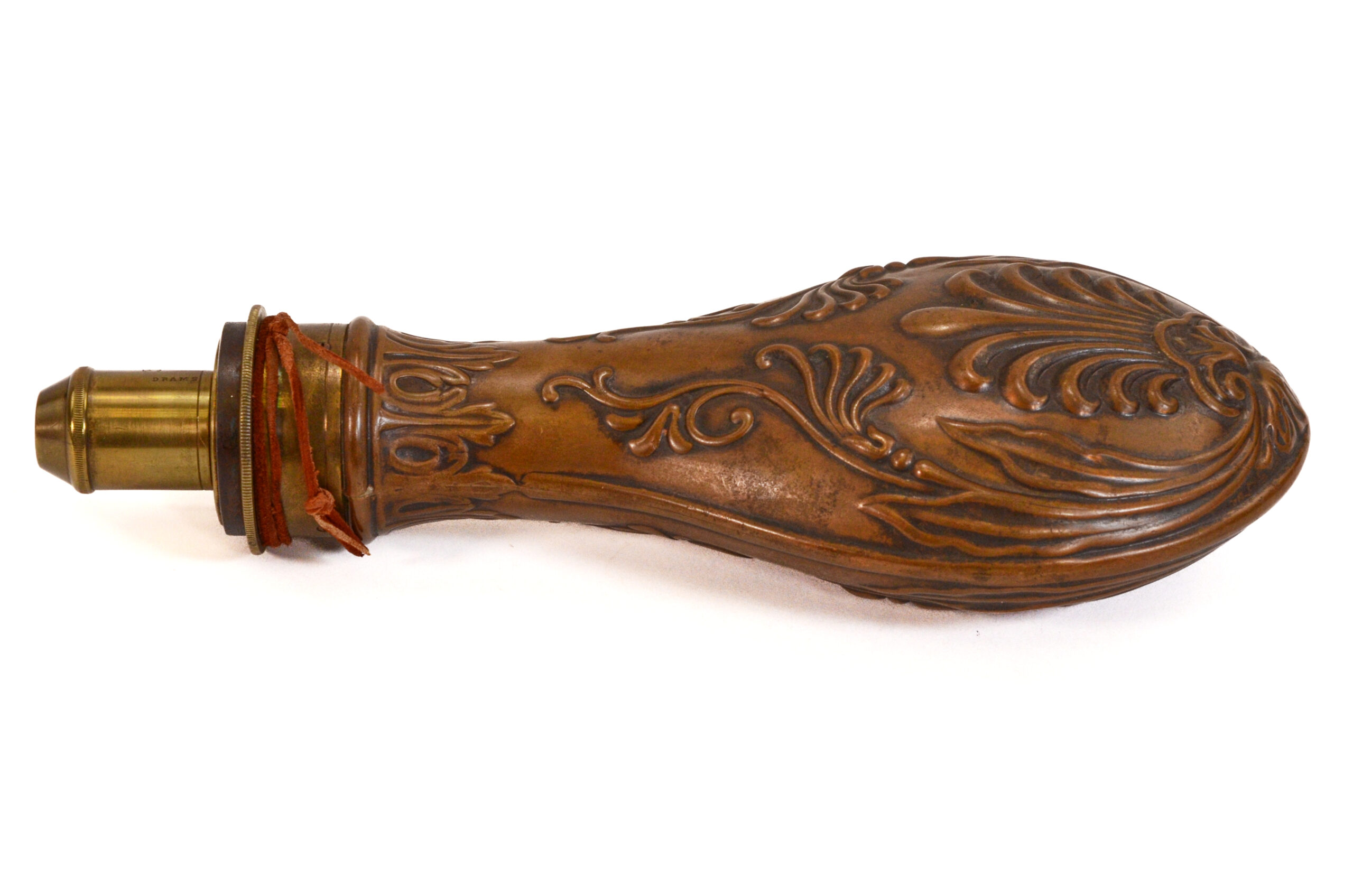 Original James Dixon & Sons Copper Powder Flask – Intricately Embossed with Brass Fittings - Image 3