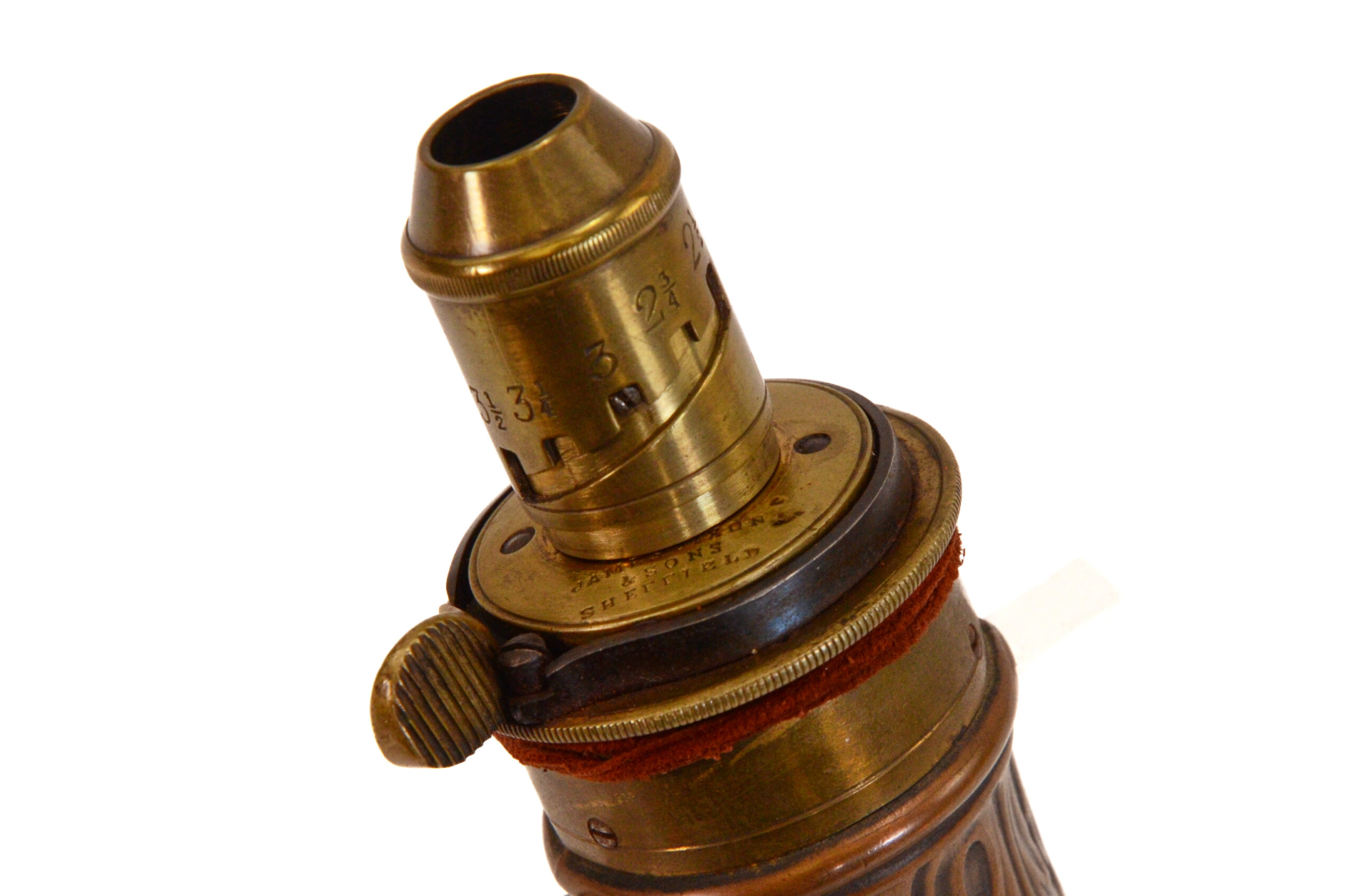 Original James Dixon & Sons Copper Powder Flask – Intricately Embossed with Brass Fittings - Image 6