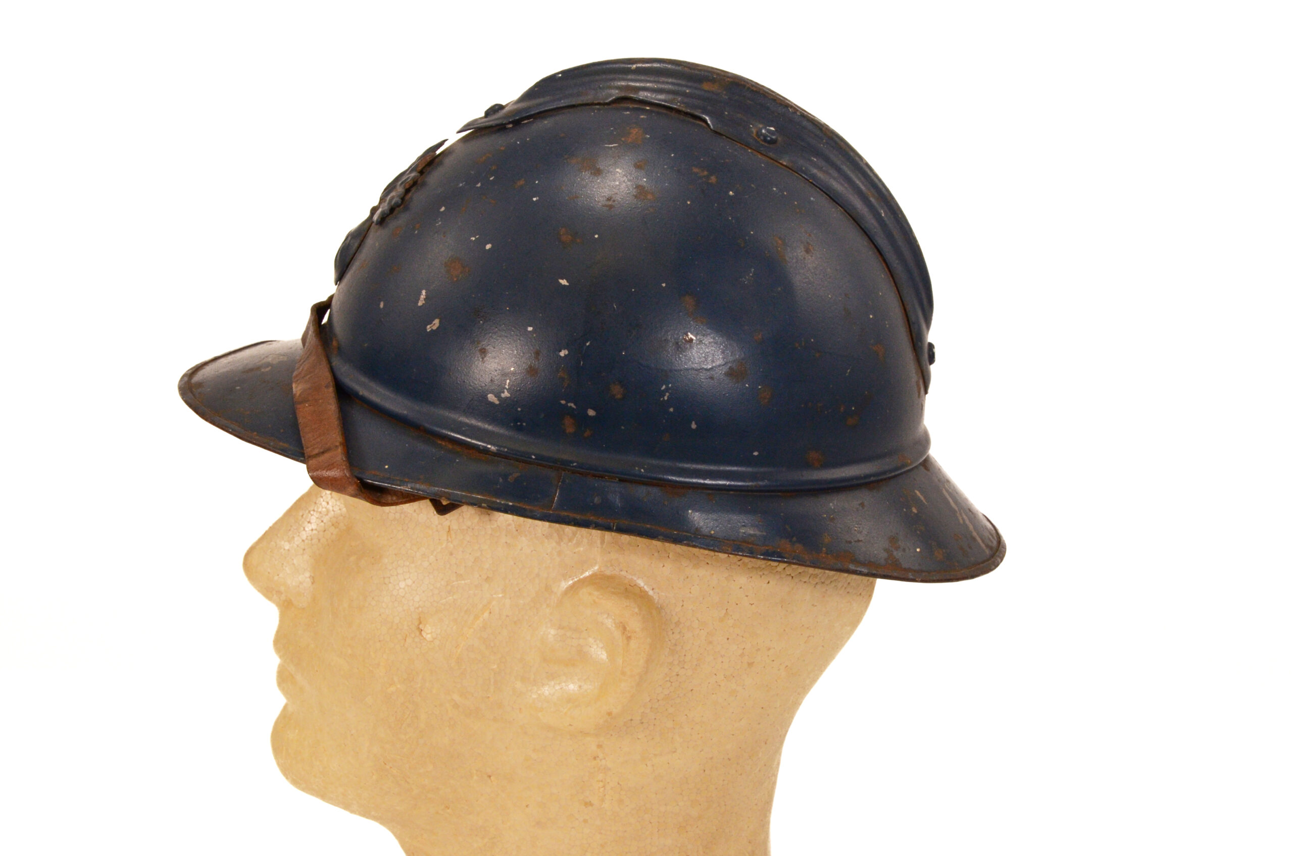 Rare WWI French Model 1915 “Adrian” Helmet – Late Midnight Blue Infantry Variant with RF Flaming Bomb Badge - Image 4