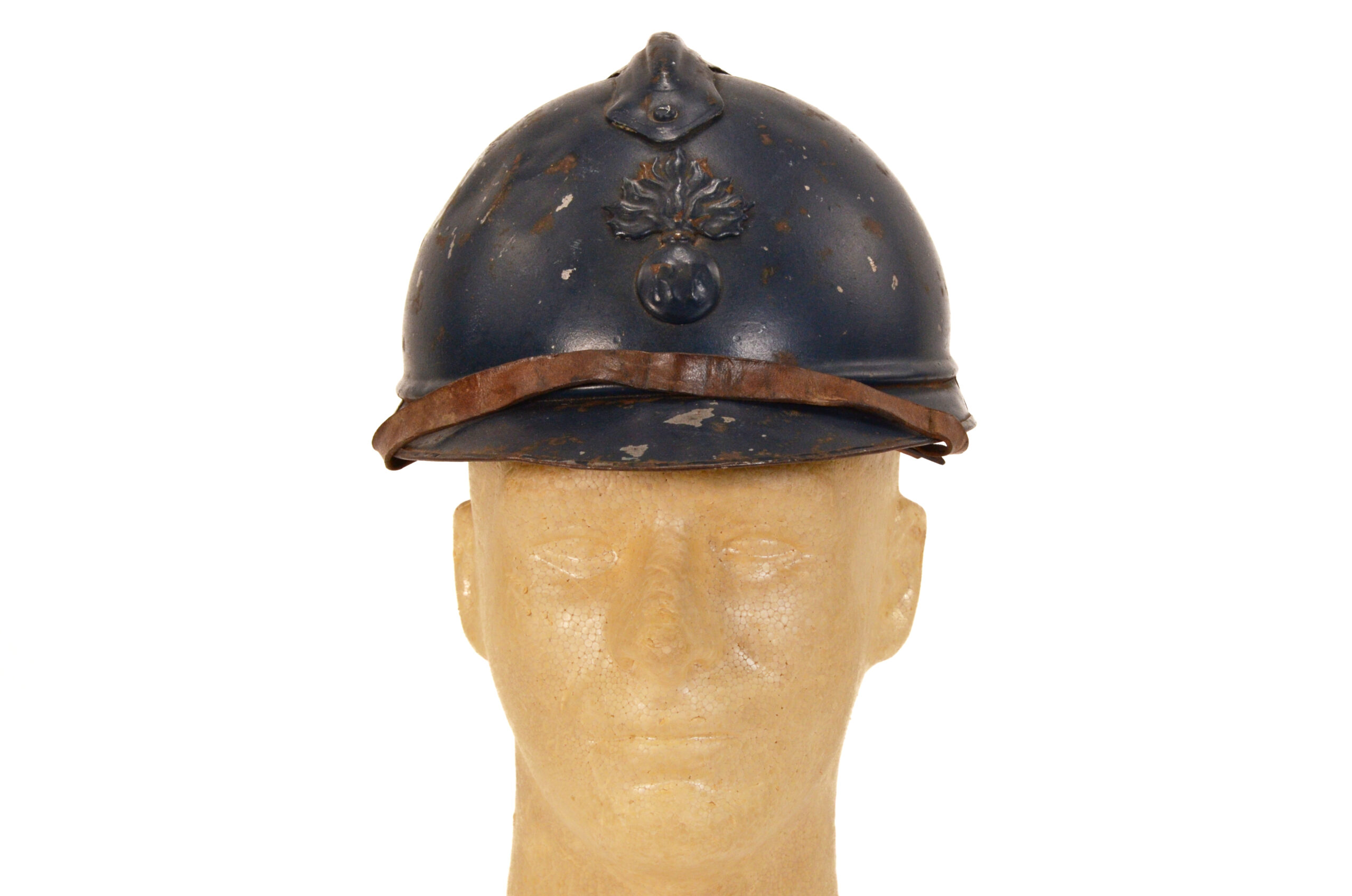 Rare WWI French Model 1915 “Adrian” Helmet – Late Midnight Blue Infantry Variant with RF Flaming Bomb Badge - Image 5