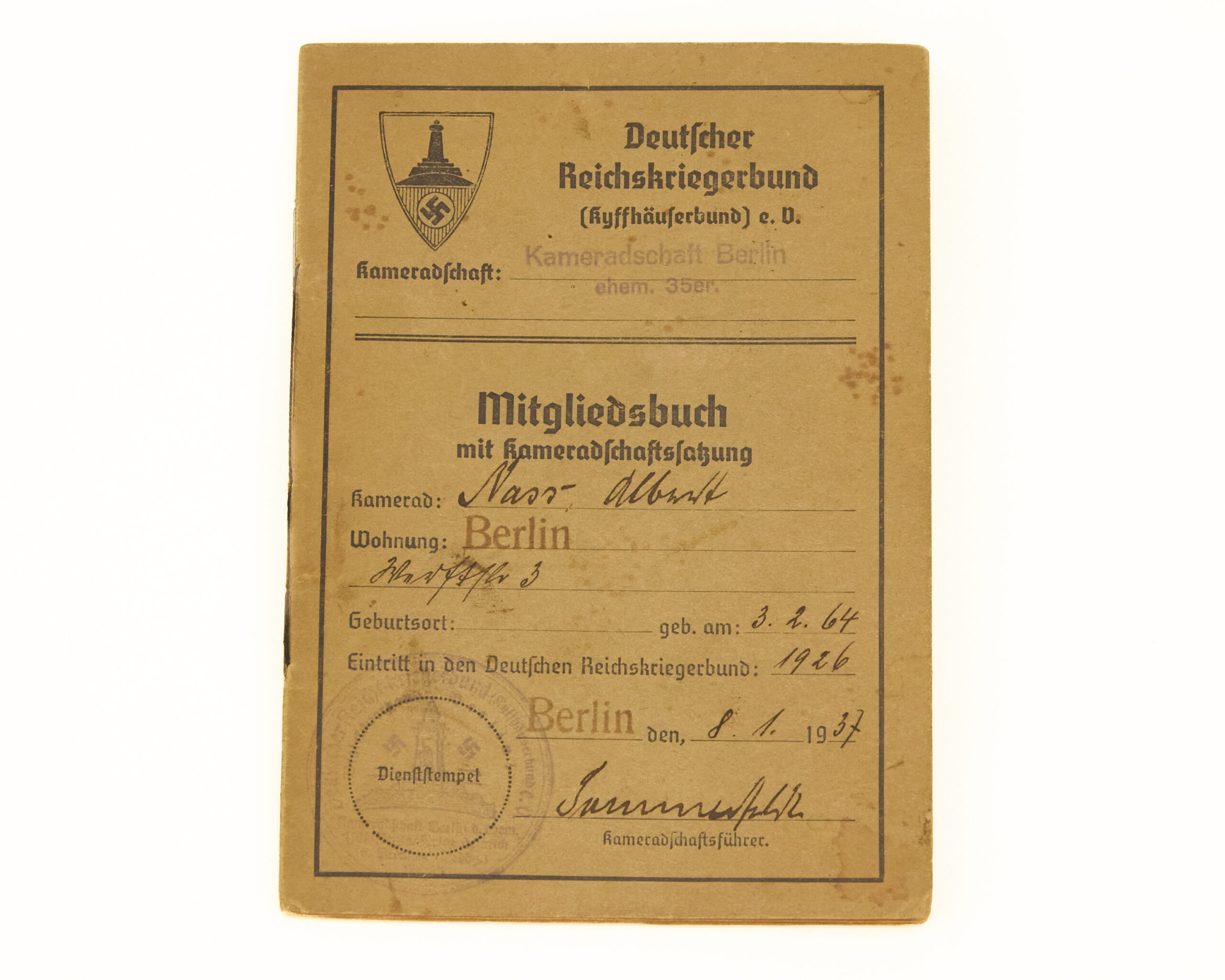 Membership Booklet for the "Deutscher Reichskriegerbund (Kyffhäuserbund)- Mitgliedsbuch